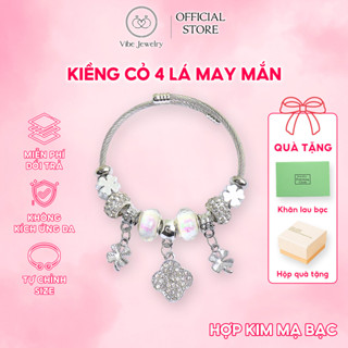 Vòng tay charm cỏ 4 lá may mắn, lắc tay charm nữ hợp kim titan phủ bạc móc khóa tự chỉnh size
