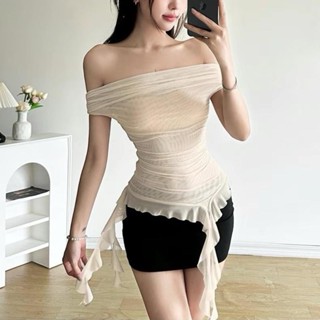  Áo thun kiểu bigsize nữ trễ vai vải thun lưới tua rua mềm mại co giãn cá tính retro vintage - A280 