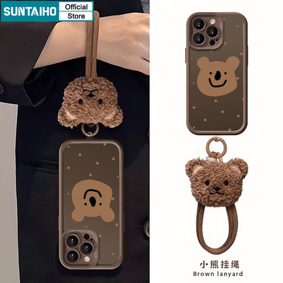 Ốp điện thoại màu nâu theo chủ đề gấu dễ thương Suntaiho có dây buộc Vỏ silicon mềm chống sốc cho IPhone 11 12 13 14 15 16 Pro Max IP 7 8 Plus Iphon X Xs XR Xs Max