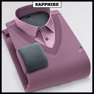  Áo len nam giả hai chiếc Mùa Đông Áo len chui đầu giữ ấm cho thanh niên và trung niên Lót nhung dày dặn cổ áo sơ mi dệt kim cổ chữ V 