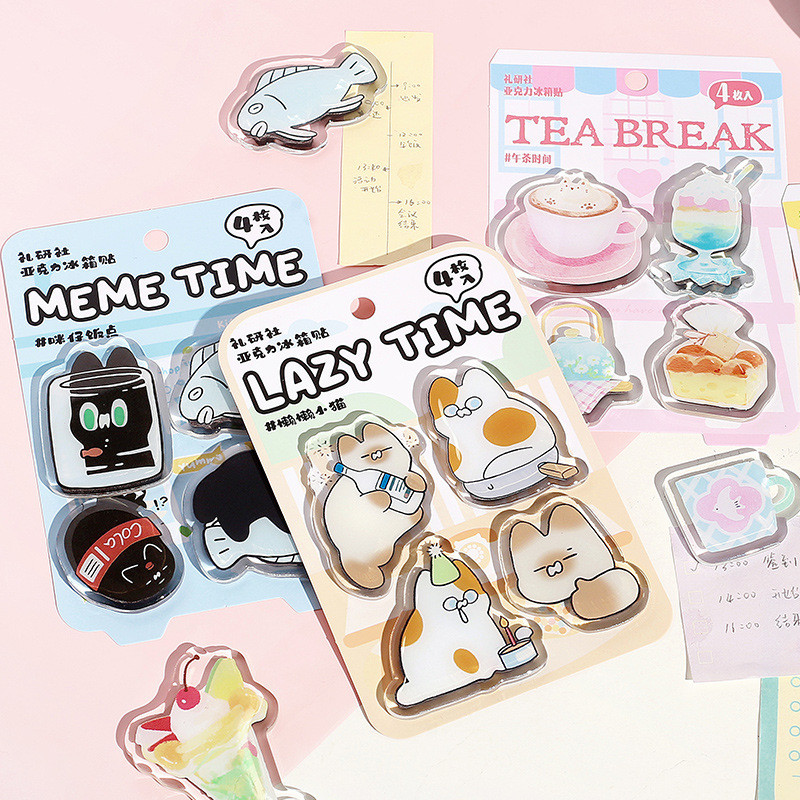 Set 4 Nhãn Dán Nam Châm Nhựa Acrylic MEME Siêu Đáng Yêu