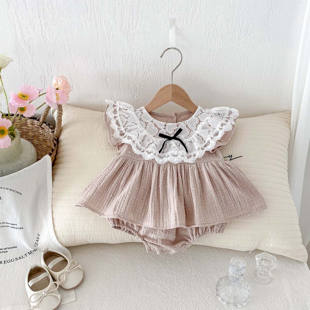 Áo liền quần bé gái mùa hè Bownot Lacy Design Quần áo trẻ em