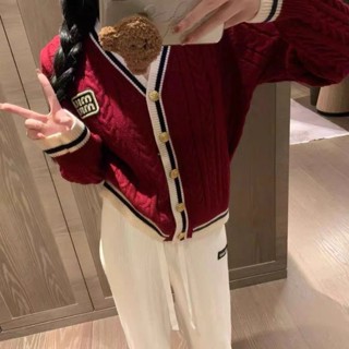 Áo khoác len cardigan vặn thừng màu tương phản phong cách Đại Học áo ngắn mẫu mới mùa xuân thu đông phong cách Hàn Quốc rộng rãi dễ phối đồ sành điệu