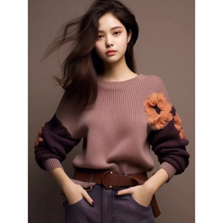 Áo dệt kim mùa thu cao cấp Dopamine áo len dáng rộng lười phối màu tím hoa mẫu mới công nghiệp nặng thu đông dễ phối