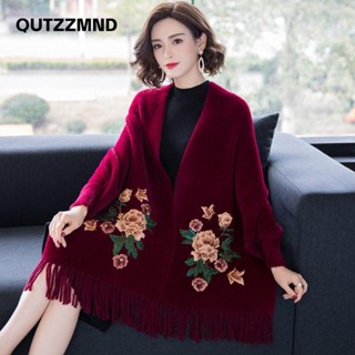  Qutzzmnd Khăn choàng ấm áp quấn Khăn choàng Cashmere thêu dày mùa thu đông Áo len Hijab thời trang nữ Cape 