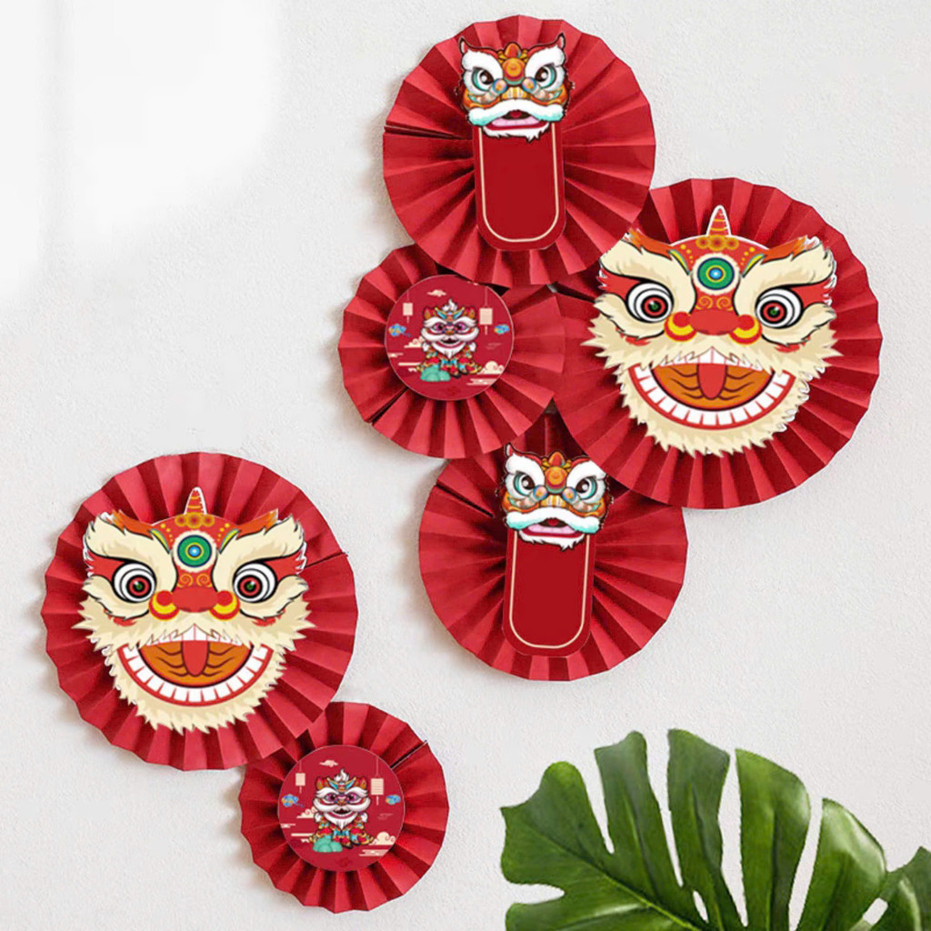Set 6 Quạt Giấy Đỏ Đầu Lân Trang Trí Sự Kiện, Nhà Cửa, Tết – Bộ Quạt Giấy Đỏ Hình Đầu Lân Kích Thước