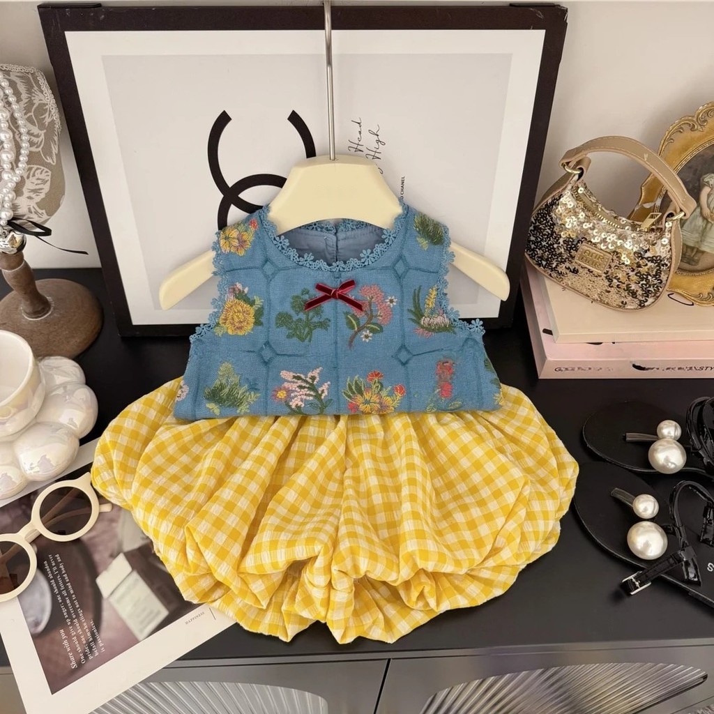 Set Đồ Bộ Áo Sát Nách Họa Tiết Hoa Quần Đùi Caro Cho Bé Gái 1-7 Tuổi MINTSCLOSET Quảng Châu - GA2346