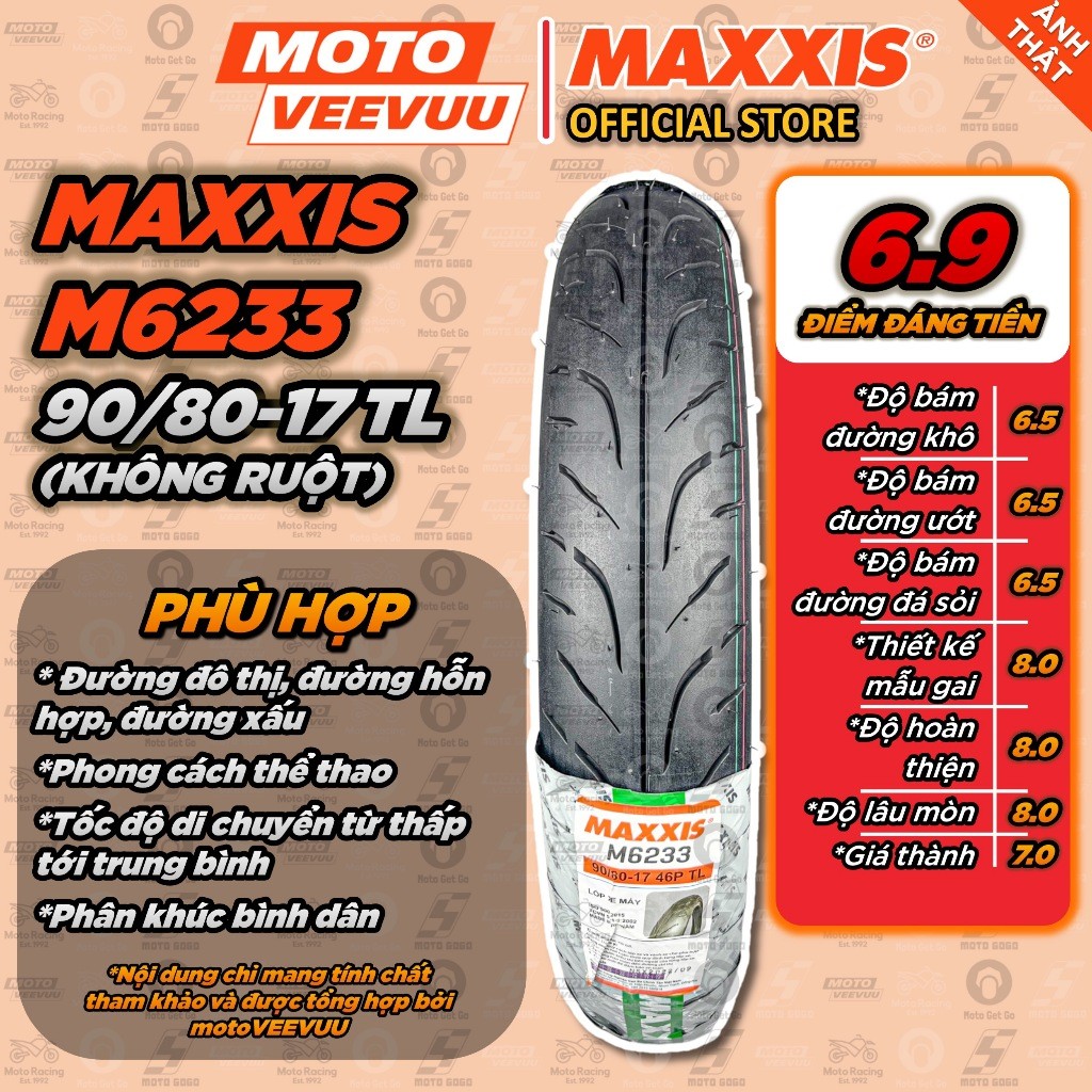 [MTVV] Vỏ lốp xe máy MAXXIS M 6233 90/80-17 TL 90 80 17<END>