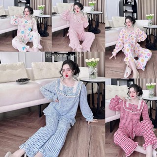 Đồ Bộ - Đồ Ngủ Tay Dài Quần Dài Vải Đũi Xốp Cotton Pijama Bigsize 50-100kg Bộ Ngủ Nữ Áo Ngủ Women Quần Ngủ - A.5636