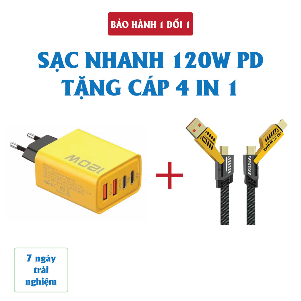 Củ sạc nhanh 4 cổng 120W: 2 cổng Type C + 2 cổng USB. Tặng cáp sạc nhanh 4 in 1. Cốc sạc 120W - Bộ sạc USB Type C 4 cổng