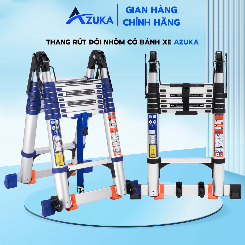 Thang Nhôm Rút Đôi AZUKA 3,8m - 4,4m - 5m - 5,6m - 6,4m -7,4m - Thang Rút Nhôm Tiện Lợi - Có bánh xe