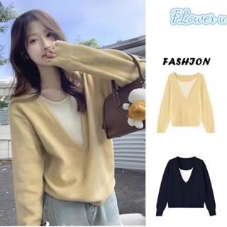 Floweryou Áo Len Dệt Kim Giả Cổ Chữ V Hai Dây Áo Kiểu Dáng Rộng Thời Trang Mùa Thu Mới Dành Cho Nữ