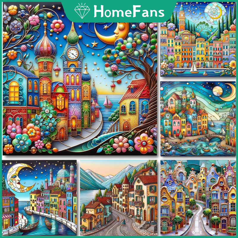 [Hf] Whimsical World Town Phong cảnh thị trấn 5D DIY Bộ tranh kim cương Tranh thêu chữ thập vũ trụ T
