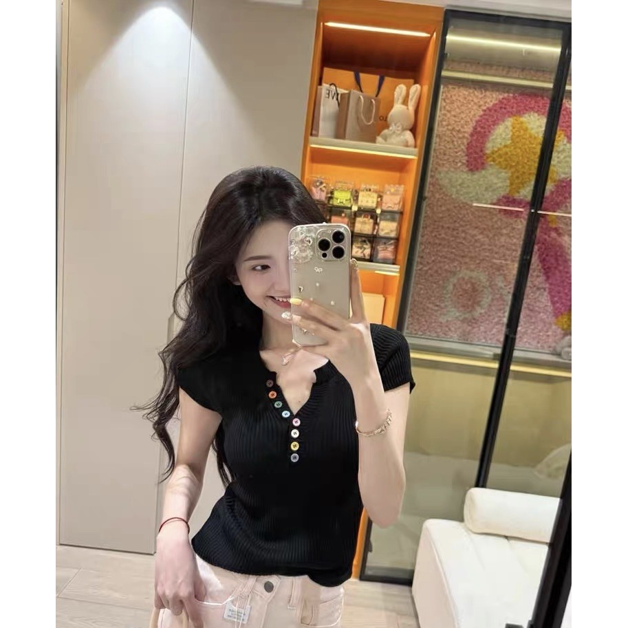 YAYUAN Áo Len Cổ Chữ V Nút Nhiều Màu Sắc Nữ Mùa Hè Giảm Tuổi Thời Trang Sang Trọng Ôm Hơn Nhìn Ngắn- | BigBuy360 - bigbuy360.vn