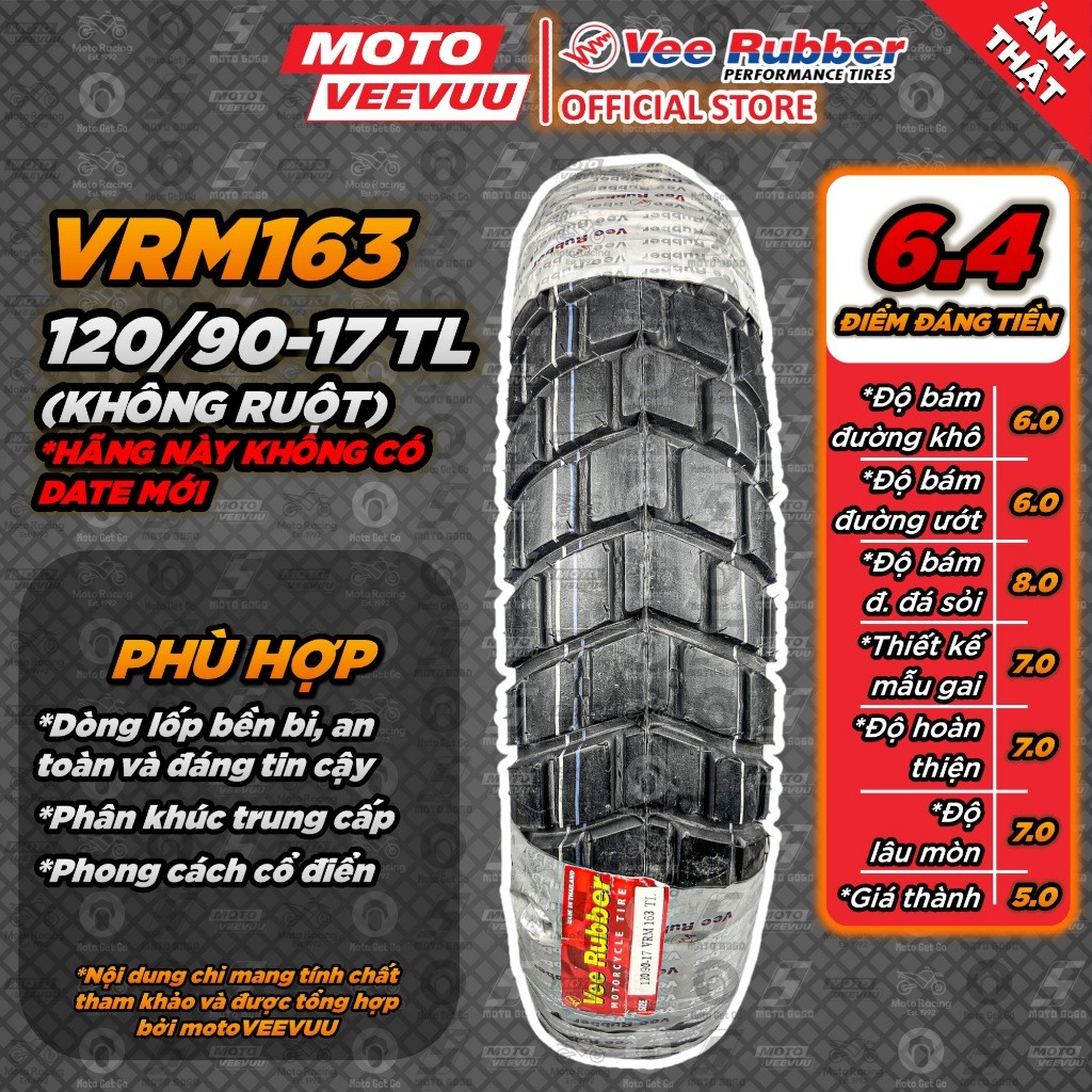 [MTVV] Lốp vỏ xe máy VEE RUBBER 120/90-17 TL VRM163 (Lốp không ruột VeeRubber)<END>