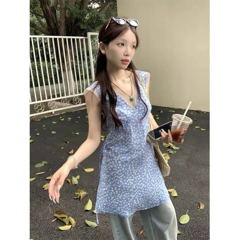 Đầm vest cổ V hoa tươi xanh phong cách Hàn Quốc cho phụ nữ mùa hè, ôm sát, không tay, ôm eo, đầm ngắ
