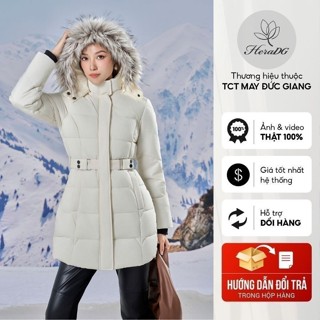 Áo khoác phao dáng dài nữ HeraDG mũ lông tháo rời thiết kế dây đai bấm nhồi bông 3 lớp công nghệ Naco cao cấp WJKBD4014