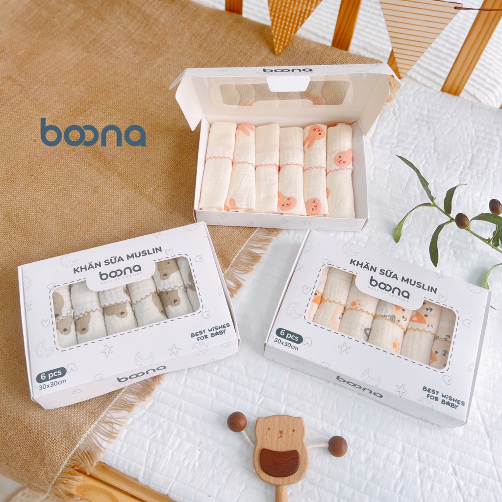 Khăn sữa Muslin - Hộp 6 khăn xô sữa muslin 2 lớp cao cấp mềm mịn cho làn da bé