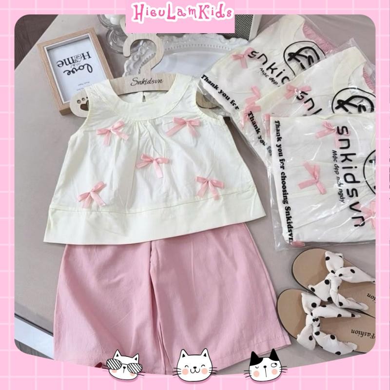 Xả kho SN17 - Bộ quần aod bé gái, Set áo sát nách nơ hồng quần ống rộng cho bé gái
