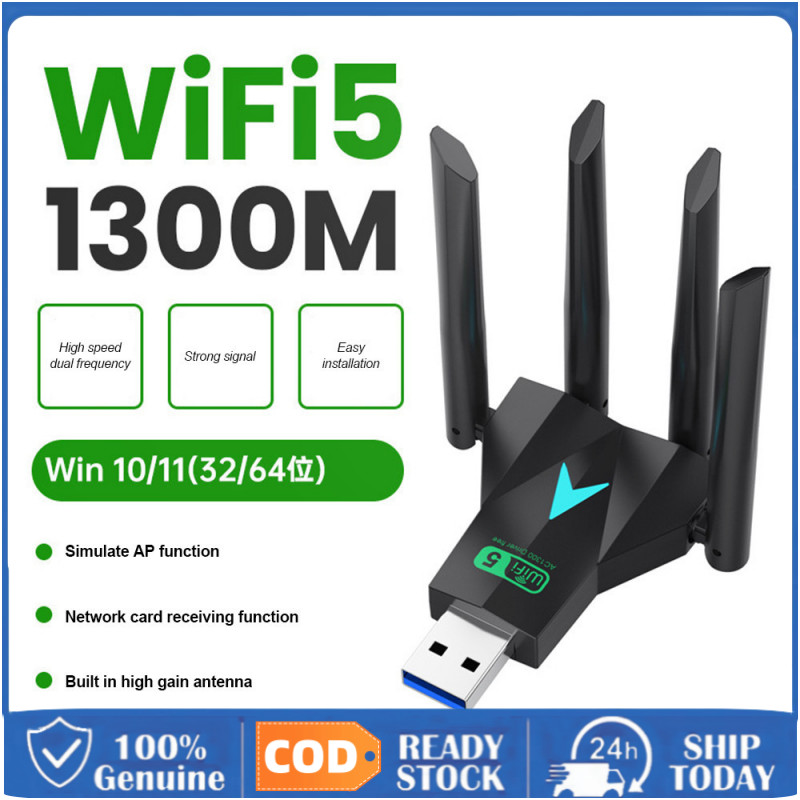 Bộ chuyển đổi USB Wifi5 1300Mbps 4 Ăng-ten 2.4G / 5Ghz Wifi Không Dây Miễn Phí Băng Đô Kép cho Windo
