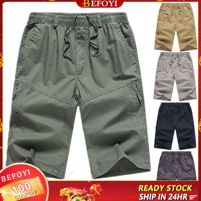 Quần short over-the-Knee nam trung niên và người cao tuổi Dây rút co giãn Quần thông thường Cotton nguyên chất Quần chở hàng nhiều túi Befoyi Zt002