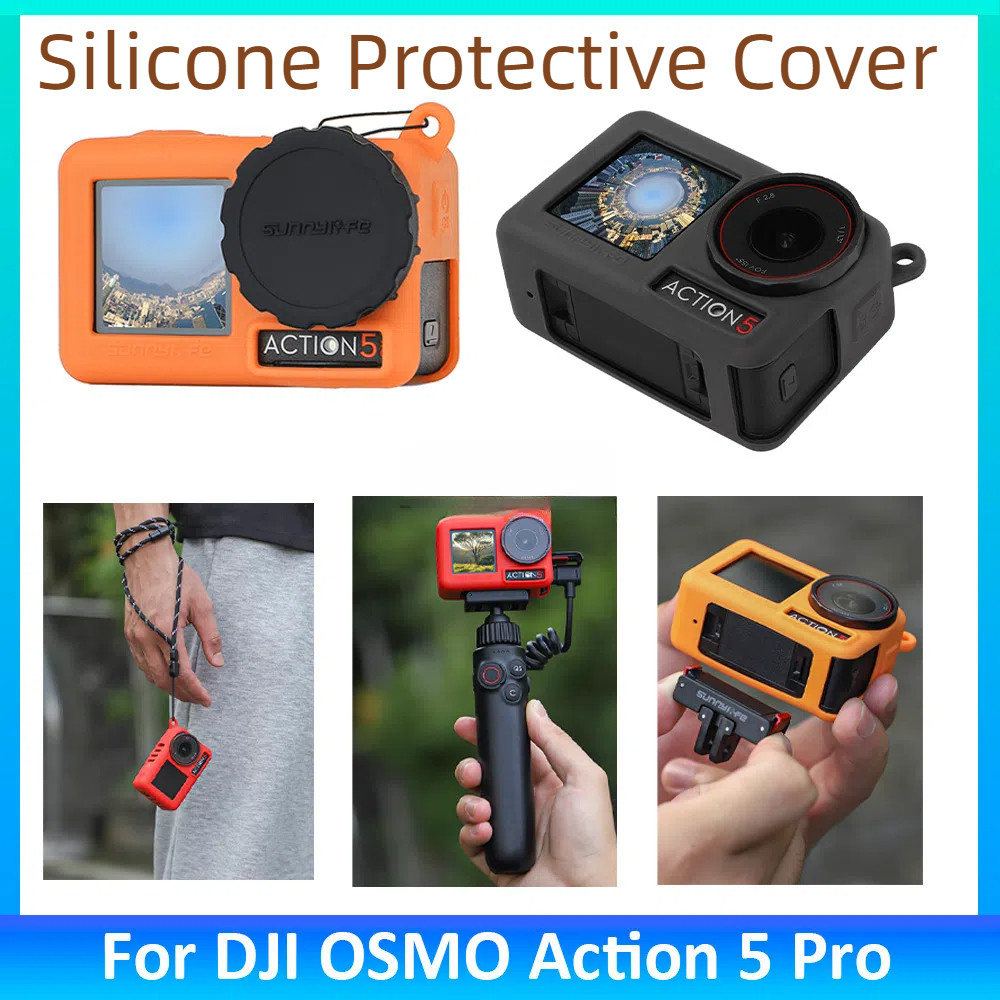 Vỏ bảo vệ silicon + Dây treo cho DJI Action 5 Pro Vỏ chống trượt Nắp ống kính chống bụi cho phụ kiện