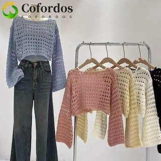 Áo thun dệt kim rỗng COFORDOS Áo len dài tay xuyên thấu Móc cổ tròn đơn giản chống nắng dệt kim đi biển 