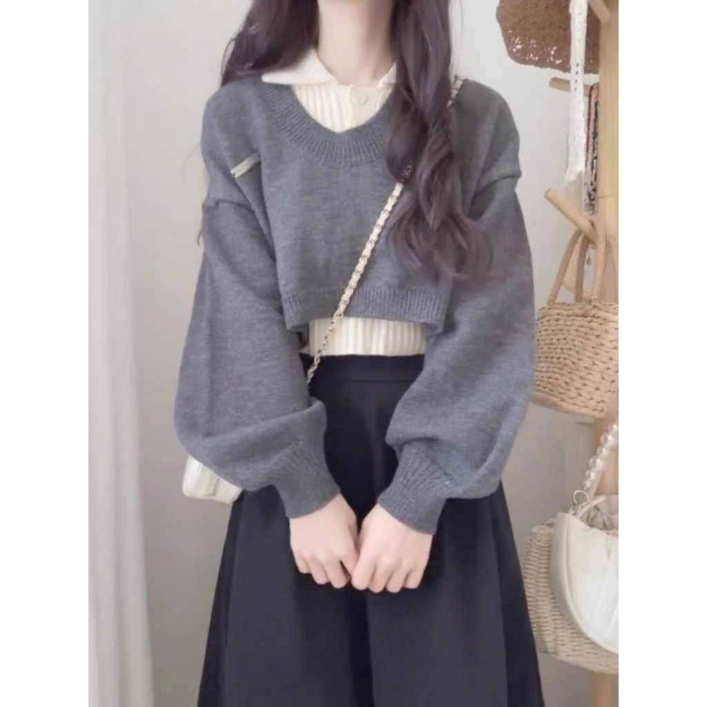 Áo len thu đông set 2 món thiết kế cổ sơ mi phối tay bồng hottrend HMH SP242 | BigBuy360 - bigbuy360.vn