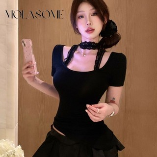 MOLASOME Nữ Thời Trang Mới Màu Trơn Cổ Vuông Tay Ngắn Giả Hai Mảnh Áo Thun