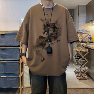 【 M-8xl có thể đeo được130KG   Áo thun in hình rồng thiết kế phong cách Trung Quốc Áo sơ mi nam tay ngắn dáng rộng cỡ lớn Áo thun cặp đôi hàng đầu Áo thun thời trang nửa tay đường phố chiên