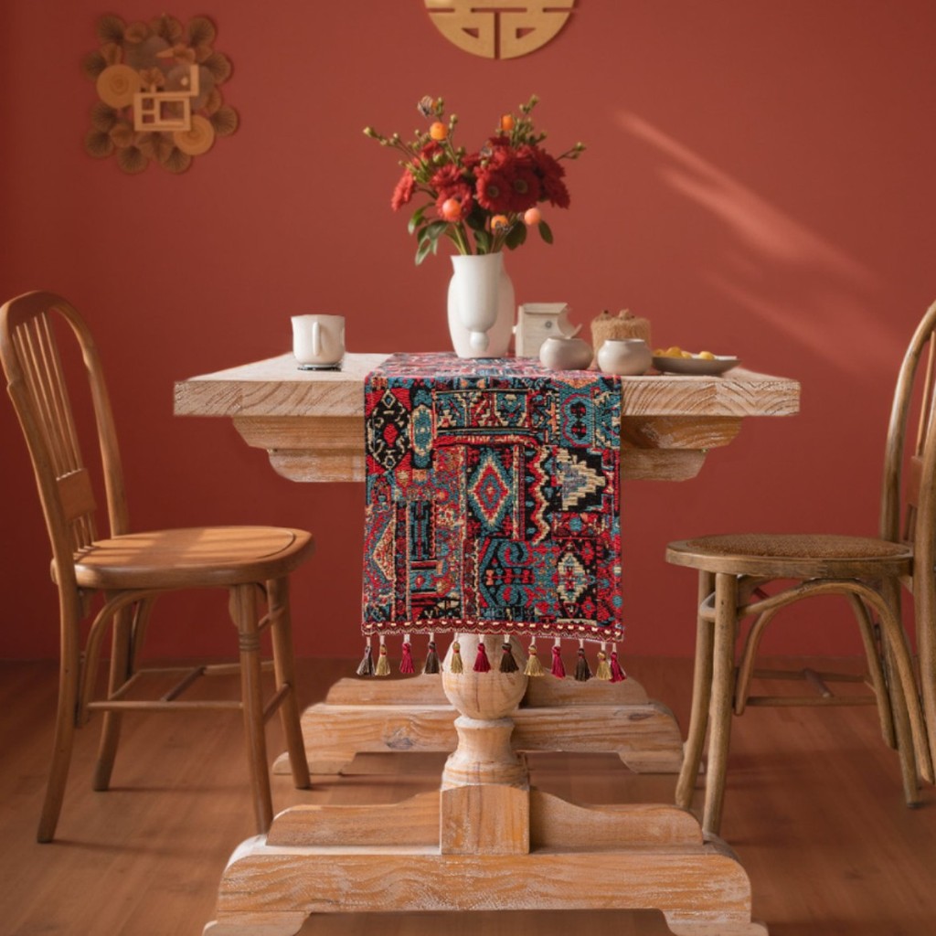 Cotton Table Runner Bắc Âu Jacquard Table Runner Trang trại Trang trí Bàn chạy với tua rua Vải lanh 