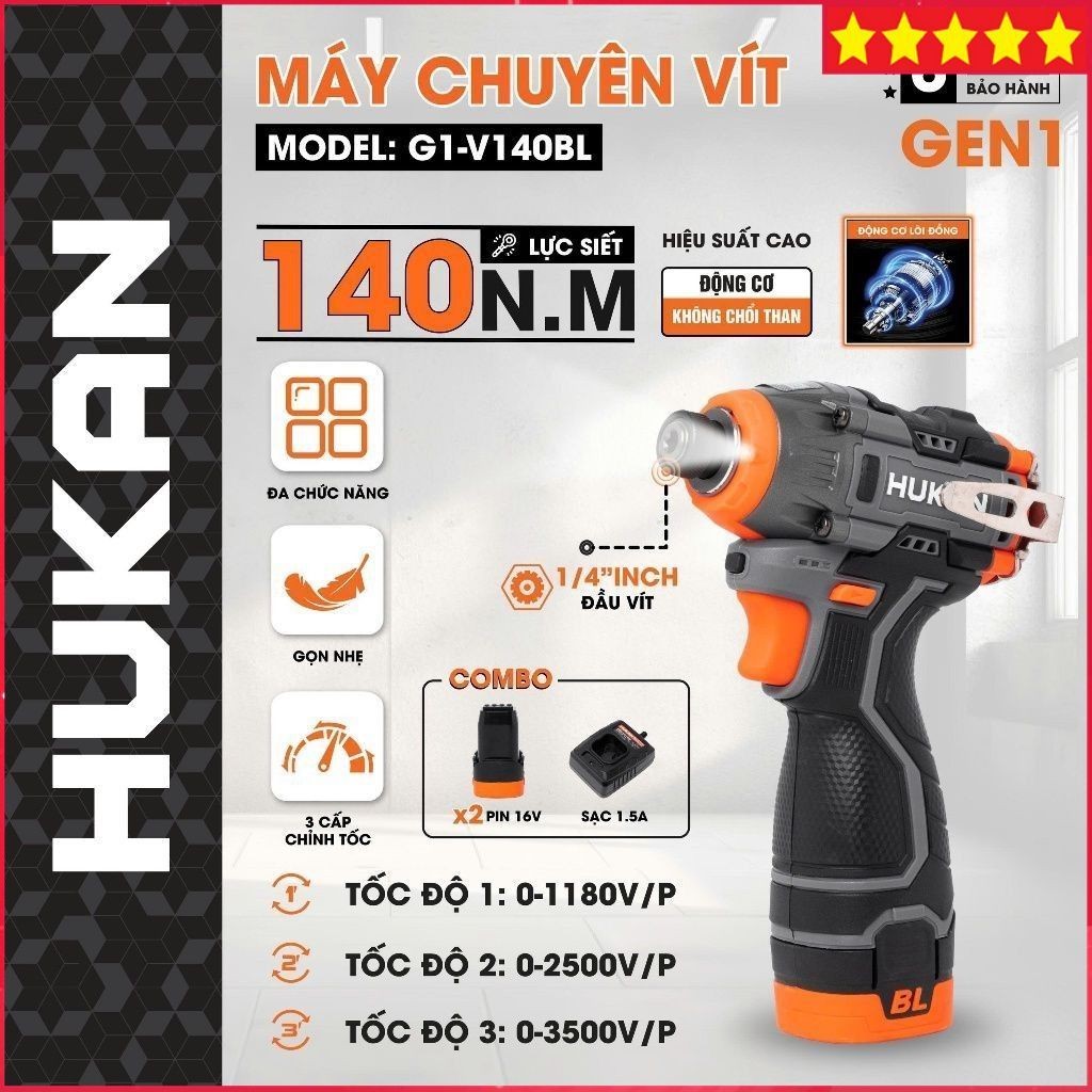 Máy chuyên vít pin HUKAN G1-V140BL, Không chổi than, Lực siết 140NM, 3 Tốc độ, Đầu lục giác 6.35