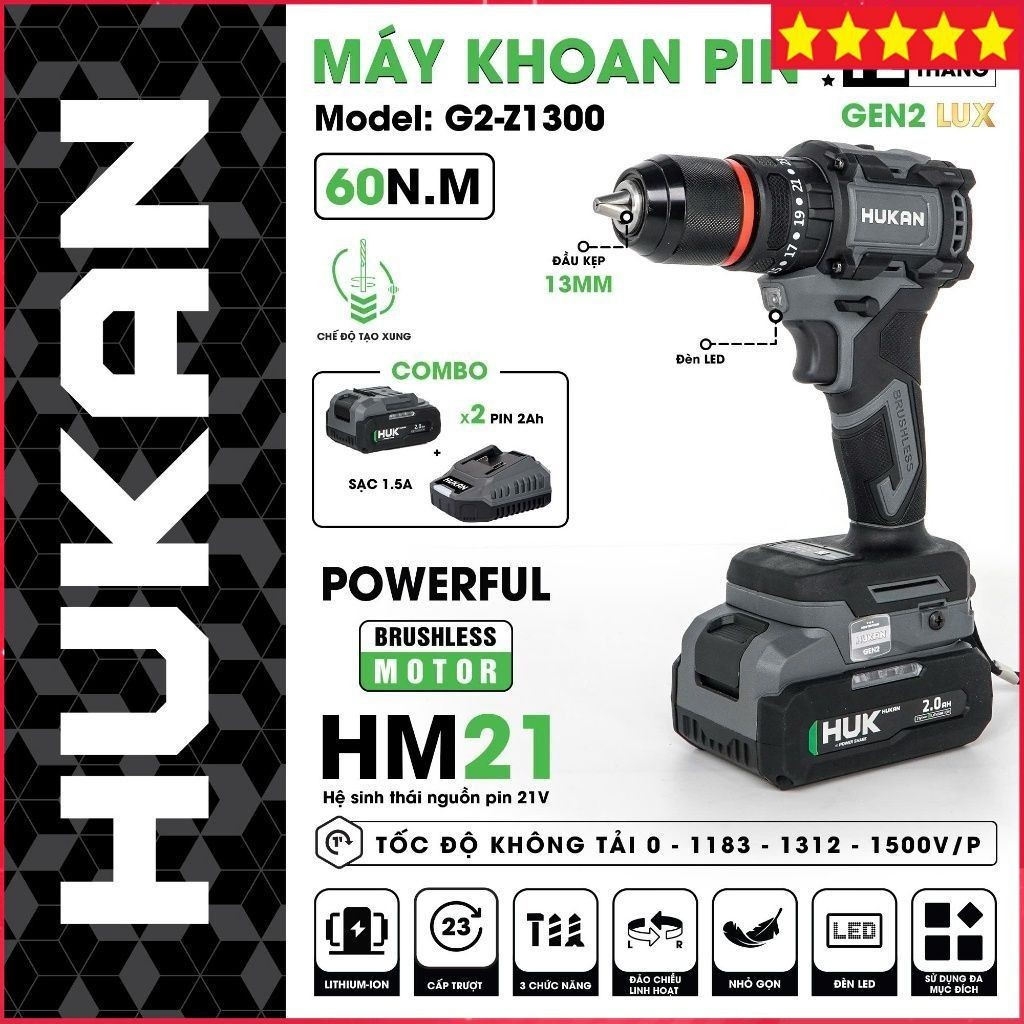 Máy khoan pin HUKAN G2-Z1300, Không chổi than, 60Nm, 3 chức năng 13 ly, Có khóa trục, Có tạo xung