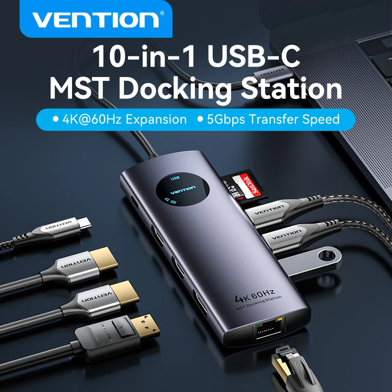 Vention MST Docking Station Type C sang HDMI DP 4K 60Hz RJ45 USB 3.0 HUB PD 100W USB C Splitter cho 