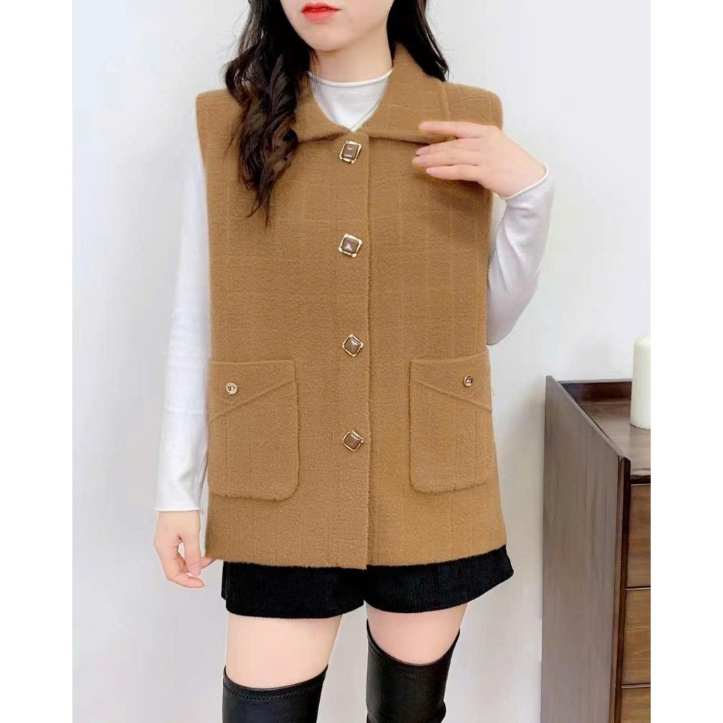 Áo gile dạ cho mẹ trung niên 60 70 tuổi MÀMA họa tiết kẻ ô mờ cho người già mặc ấm mùa đông