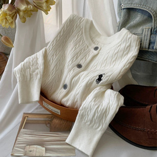 Star fruit Nữ Dệt Kim cardigan Ngựa Thêu Xoắn retro Cổ Tròn Áo Len Áo Khoác