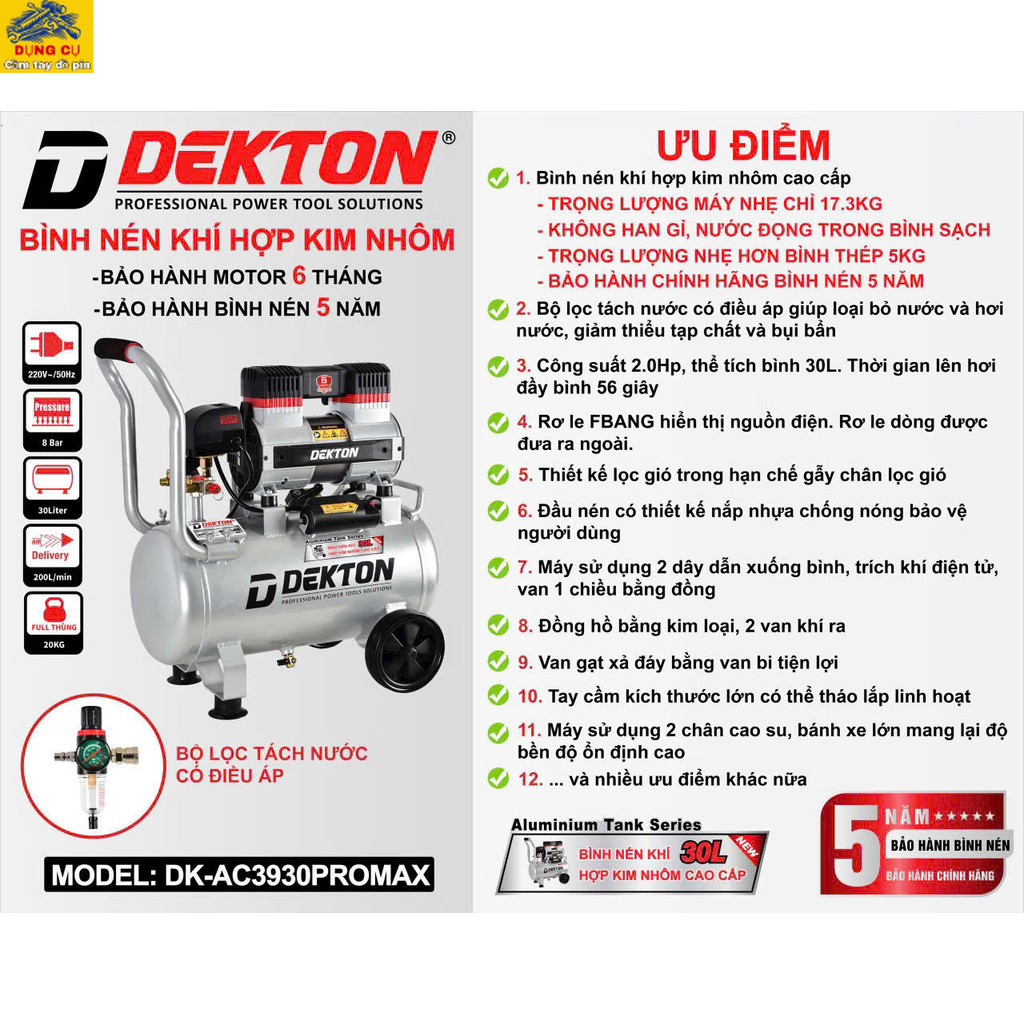 Máy nén khí dekton DK-AC3930Pro , 30lít 2hp , có tách lọc nước Dụng cụ cầm tay