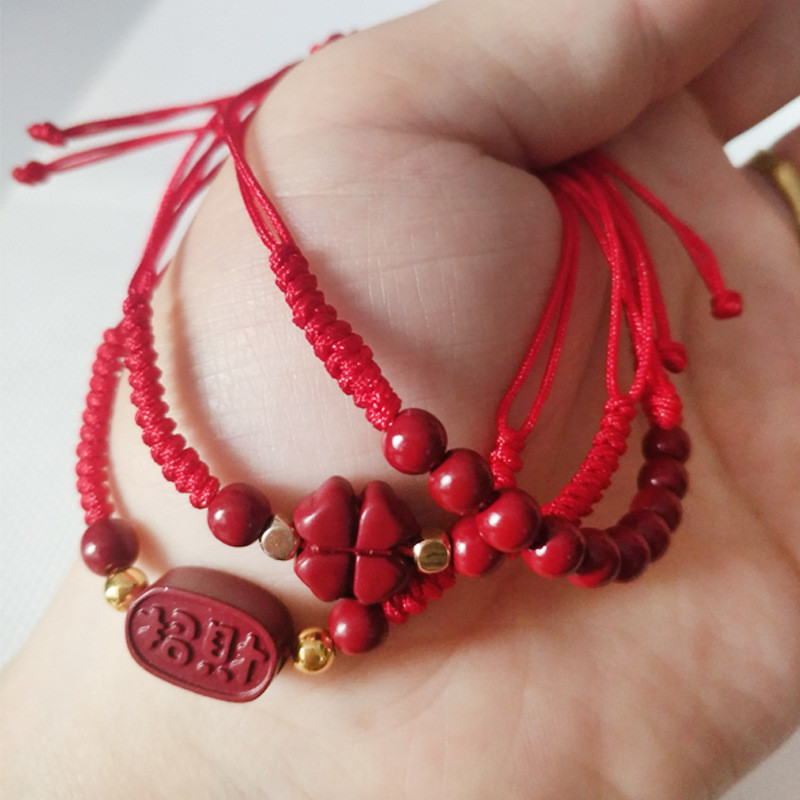 Cung Hoàng Đạo Cinnabar Vòng Tay Giàu Có May Mắn Dây Đỏ Bốn Lá Cỏ Ba Lá Cặp Đôi Trang Sức Phong Thủy