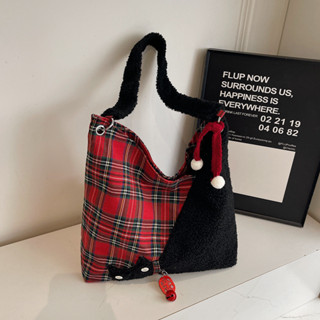 Túi tote kẻ ca rô mèo vải nhung lông mới mùa thu đông hàn quốc thời trang túi đeo dưới cánh tay