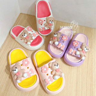  Dép lê siêu nhẹ Gấu nơ hoa bé gái 2 lớp gắn sticker mềm êm nhẹ chân cho bé từ 3 đến 9 tuổi mihoshop 