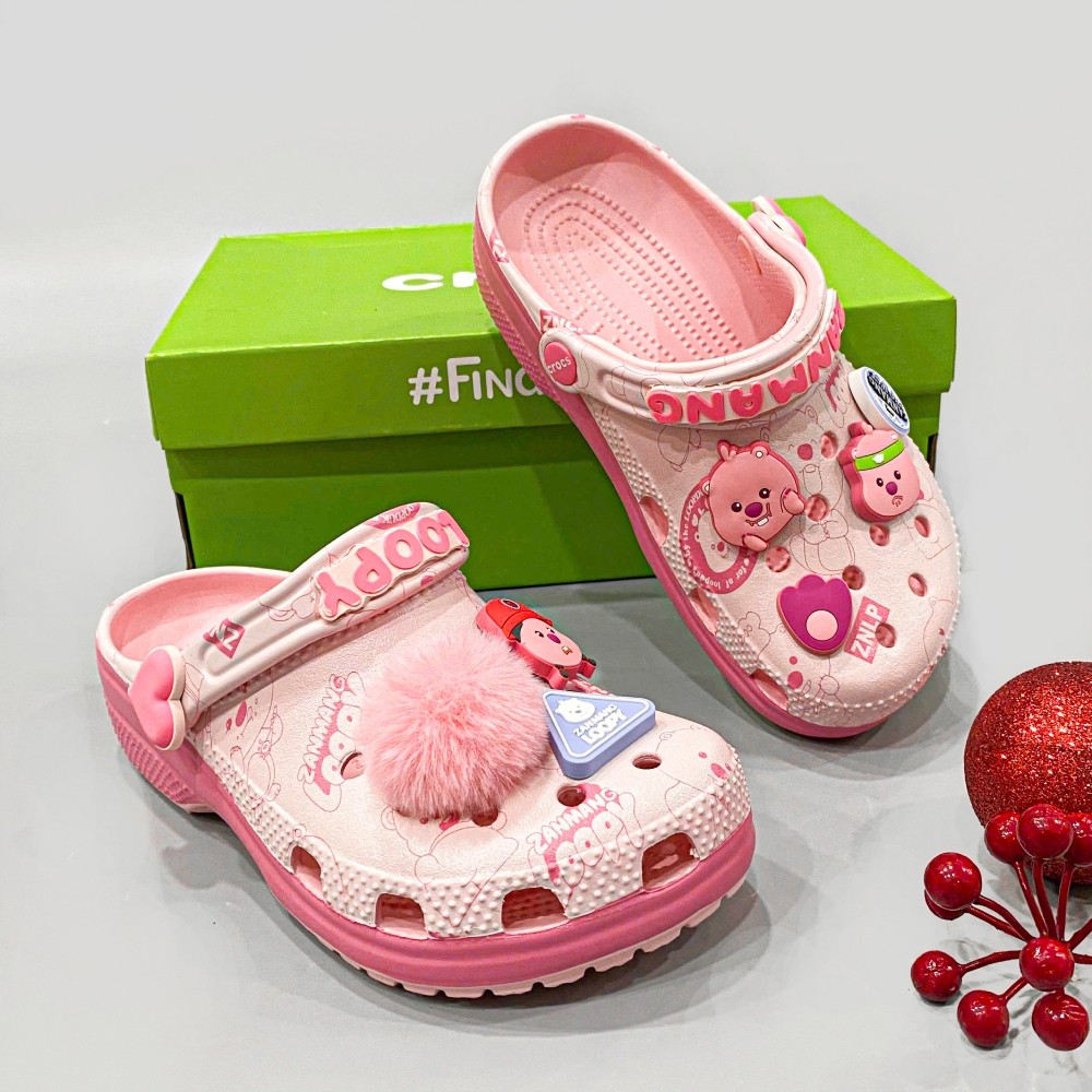 Sục Loopy dành cho nữ và trẻ em tặng Jibbitz như hình, dép sục loopy màu hồng mẹ và bé gái tặng kèm 