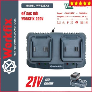Đế sạc đôi Workfix WF-S25X2, Đế Sạc Nhanh 2.5A x 2, Chân Pin thông dụng M21, Sạc pin máy khoan, Máy mài, Bulong pin