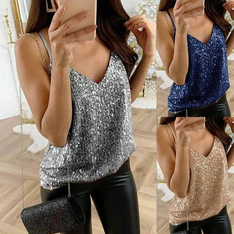 Sequin Top Nữ Plus Size S - 5XL 2025 Năm Mới Không Tay Bạc Vàng Áo Dành Cho Nữ Plus Size Mùa Hè Rời 
