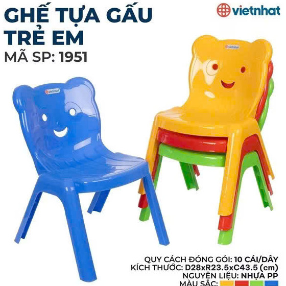 Ghế học sinh mẫu giáo tiểu học tựa lưng hình gấu nhựa Việt Nhật 1951. Ghế nhựa tựa lưng trẻ em chắc 