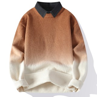  Áo dệt kim bốn mùa trong Kho Áo Len Nam Nữ áo mặc trong áo dệt kim hai mảnh giả cảm giác cao cấp cho nam Áo Sơ Mi Cổ Áo sơ mi Gradient mẫu mới cho nam Áo len mặc trong giữ ấm mùa đông 