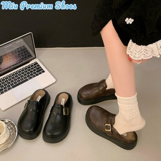  Dép xỏ ngón chân tròn đế bệt nữ Dép da ấm áp lông cừu 