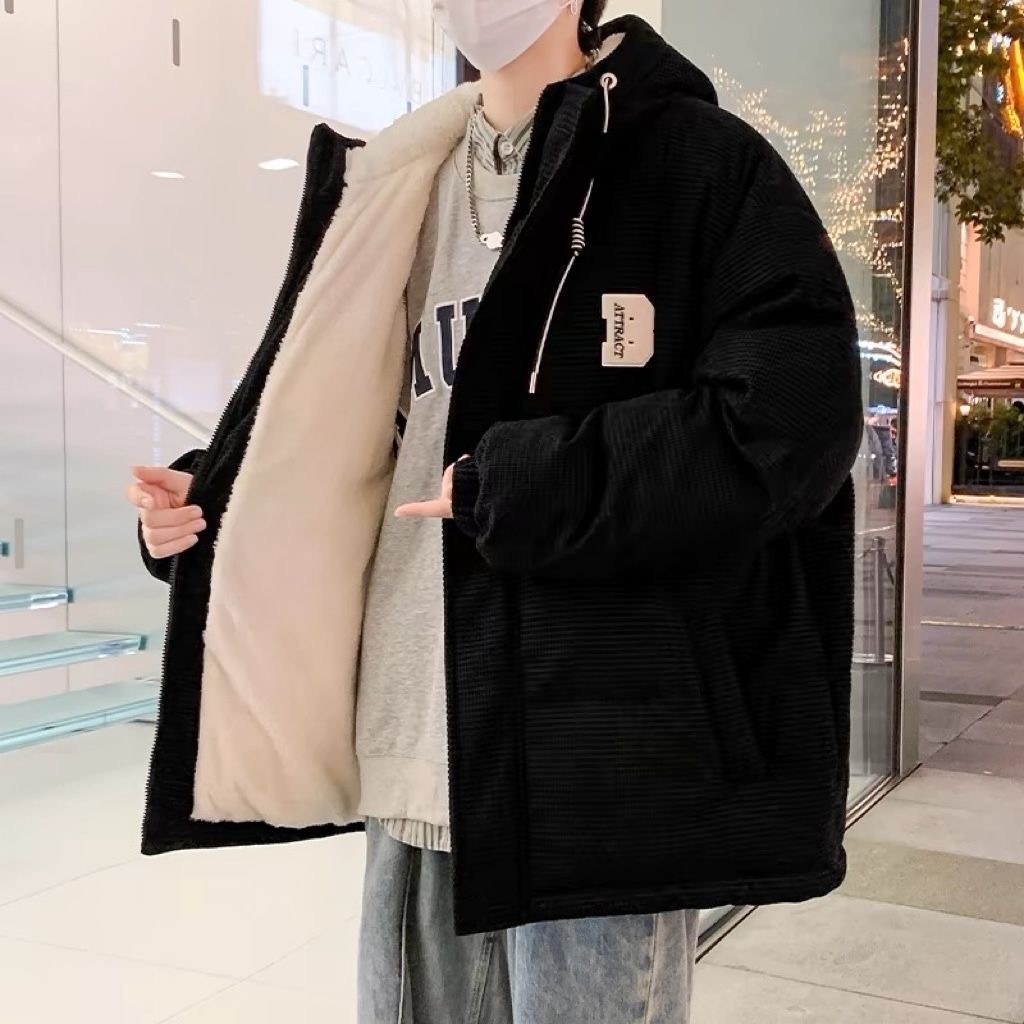 Áo khoác độn bông vải nhung mùa đông dành cho nam, Áo khoác dày ấm áp lót lông cừu, Áo khoác có mũ t