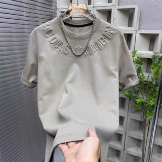   Shop Hot Sale  Áo thun nam in chữ bằng thép màu trơn Áo thun đáy 2024 Sản phẩm mới Áo thun cổ tròn ngắn tay phù hợp với mọi phong cách Hàn Quốc20241207 