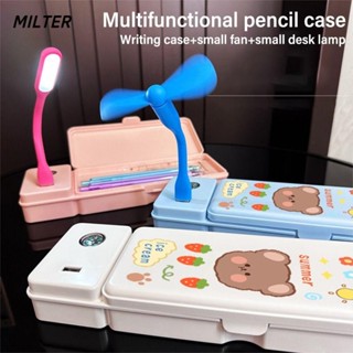 Hộp bút chì MILTER, có quạt / đèn bàn Bút chì hai lớp, nhựa đa chức năng có la bàn sắp xếp văn phòng phẩm cho bé trai / bé gái