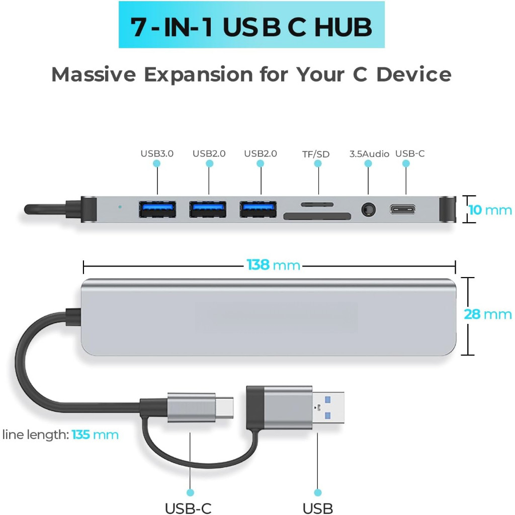 Hub type C USB 3.0 mở rộng 8 port cáp cổng chuyển đổi 2 đầu in 1 có 3.5 thẻ SD/TF máy tính laptop máy in | BigBuy360 - bigbuy360.vn